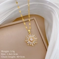 Macro view of golden snowflake pendant with zircons on silk background and specifications - D125 Necklace (Titanium Steel Chain Copper Pendant)