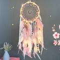 Acchiappasogni rosa con luci LED, perline e piume per decorazione murale accogliente - Decorazione Rosa - Con Luce LED
