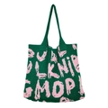 Detailed close-up of forest green and pink knit tote bag showing fine weave texture - Green and Pink