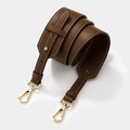 Adjustable dark brown lychee leather bag strap with gold metal hooks and white stitching - Gold Buckle / Caramel color