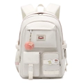 Large capacity creamy white school backpack with pink zippers for students and laptop storage - With Pink Fur Ball / Milky White