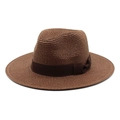 Top view of brown straw sun hat with dense weave and matching satin ribbon bow detail - M (56-58cm) / Brown