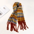 Colorful striped mohair scarf with blue, yellow and brown fringe on white background - Rainbow Striped