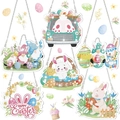 Set de 6 colgantes de pintura de diamante de Pascua con gnomos, conejos y cadenas metal - Juego de 6 carteles de Pascua de dibujos animados