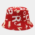 Detail of red graffiti bucket hat with white abstract letters and reinforced stitching - Red Base Off-White Graffiti (Color #16)
