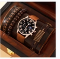 Men's quartz watch gift set with brown leather strap and three beaded braided bracelets - Roman Moonphase Brown Set S00194-5 (Watch And Bracelets)