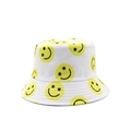 Omkeerbare vissershoed van wit katoenen canvas met vrolijke gele smiley-patronen - Eén maat / Dubbelzijdige Smile Stijl / Wit