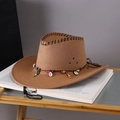 Brown western cowboy hat with colorful wooden beads, white shell pendant and chin strap - Adult (55-60cm) / Khaki