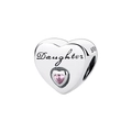 Silver heart-shaped charm with pink gem and Daughter engraving in 925 sterling silver - Daughter