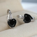 Silver heart earrings with emerald-cut black zircon and micro-pave accents - Platinum Plated Black Zirconia