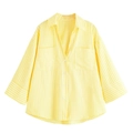 Camicia da donna a righe gialle con scollo a V, doppie tasche e ampie maniche larghe - XS / Quadri Giallo