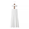 Elegant white halter neck maxi dress with gold metal rings and fluid silhouette - S / White