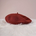 Classic deep wine red wool beret with stem detail and vintage solid color finish - M / Brick Red