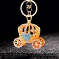 Golden pumpkin carriage keychain with blue heart crystal and rhinestone embellishments - A523 Heart Pumpkin Carriage Sky Blue