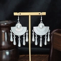 Bohemian silver earrings with fan-shaped geometric pattern and teardrop tassel pendants - Semi-circle Fan Geometric Tassel Style (E6073-26)