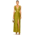 Elegante olijfgroene geplooide maxi-jurk met diepe V-hals en uitgesneden taille details - S / Olijfgroen