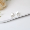 Silver geometric brushed metal stud earrings with elegant double white pearls - E5915-Silver Square Brushed Pearl Studs