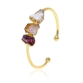 Gold plated open cuff bracelet with natural amethyst and yellow citrine raw stones - Amethyst Citrine Cluster Bangle