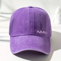Detailed view of the purple washed baseball cap featuring pink 'mama' embroidery texture - One Size / Washed Purple