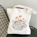 Minimalist white canvas tote bag with wildflower floral print and bird illustration - C1 Colorful Watercolor Flowers