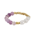 Elastic beaded bracelet with faceted purple stones, white pearls and gold spacers - MPR03-14K / Purple (Amethyst + Pearl)