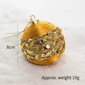 8cm gold Christmas ball ornament with glitter sequins and gold twine wrapping detail - Golden Rope Woven Sequin Ball