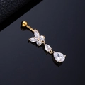 Golden butterfly belly ring with sparkling cubic zirconia drops and polished finish - Large and Small Teardrop Butterfly Gold