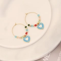 Colorful beaded heart earrings with gold hoops and blue enamel heart pendants - Drip Oil Heart Style (1#爱心)