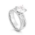 Silver hammered texture titanium steel ring with micro-pave cubic zirconia stones - US 7 / Steel Women's Style (KR41990-K)