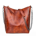 Brown quilted faux leather tote bag with silver studs and chain shoulder strap - Style 1 / Brown