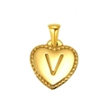 Golden heart pendant featuring a 3D letter V with elegant beaded edge detailing - Heart Initial V Pendant (SP151G-V)