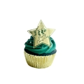 Christmas cupcake topper with gold mirror star on green frosting and gold foil liner - Gold Star Style 1