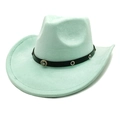 Detail of mint green suede cowboy hat featuring a black leather band with jeweled metal accents - M (56-58cm) / Mint Green