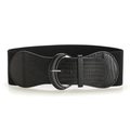 Close-up of women wide elastic belt with silver horseshoe buckle and faux crocodile texture - Black