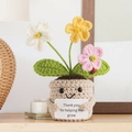Handmade crochet potted plant with three colorful flowers and smile face doll base - Beige Pot - 3-Head Forget-Me-Not