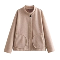 Women's pink wool blend short coat with stand collar and large pockets on white background - S / Milky White