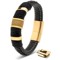 Men's black braided leather bracelet featuring a gold magnetic clasp and steel tube accent - Single Loop Dotted Rivet / Gold
