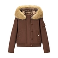 Parka de invierno para mujer en color marrón con cuello de piel sintética desmontable - S / café