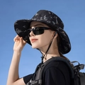 Women's wide brim sun hat with grey camo pattern and adjustable chin strap - Black Tie-dye