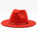 Detail of red wool fedora with a structured wide brim and elegant gold metal trim - One Size 58cm / Orange Red