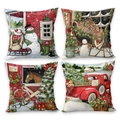 4er-Set Weihnachts-Kissenbezüge mit Schneemann- und LKW-Motiven in feiner Leinenoptik - Weihnachts-Schneemann-Stall (4er-Set)