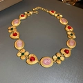 Macro shot of vintage gold necklace with pink cameo portraits and colorful gems - 35# Necklace Flower Portrait Rhinestone Heart