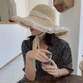 Beige straw sun hat with lace trim and bow ribbon tie for elegant summer UV protection - M / Flat Stitch Lace Edge-Beige