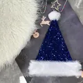 Sparkling dark blue sequined Christmas hat with fluffy white plush brim and top pompom - 31*47cm / Sapphire Blue