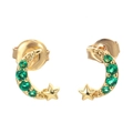 Elegant 18K gold-plated moon and star earrings with micro-pave green crystals on white - Green