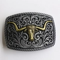 Hebilla de cinturón western retro con cabeza de toro dorada y grabados florales - BK008 Cabeza de Toro Oro Plata Rectangular Retro