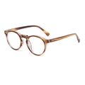 Classic round tortoise shell eyeglasses with stylish silver metal rivets on white background - Tea Stripe Anti-Blue Light