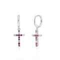 Orecchini a cerchio a croce in argento S925 con vivaci zirconi multicolori incastonati - Argento