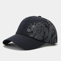 Detail of grey baseball cap with dragon print and breathable mesh fabric texture - Navy Blue