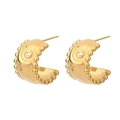 Close-up of gold semi-hoop earrings with clear zircon stones and textured dotted edges - Beaded Border Rhinestone Style (E847-GO)